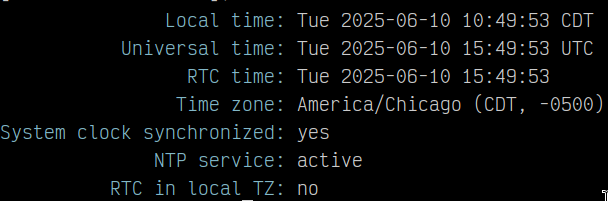 A post-op screenshot of timedatectl